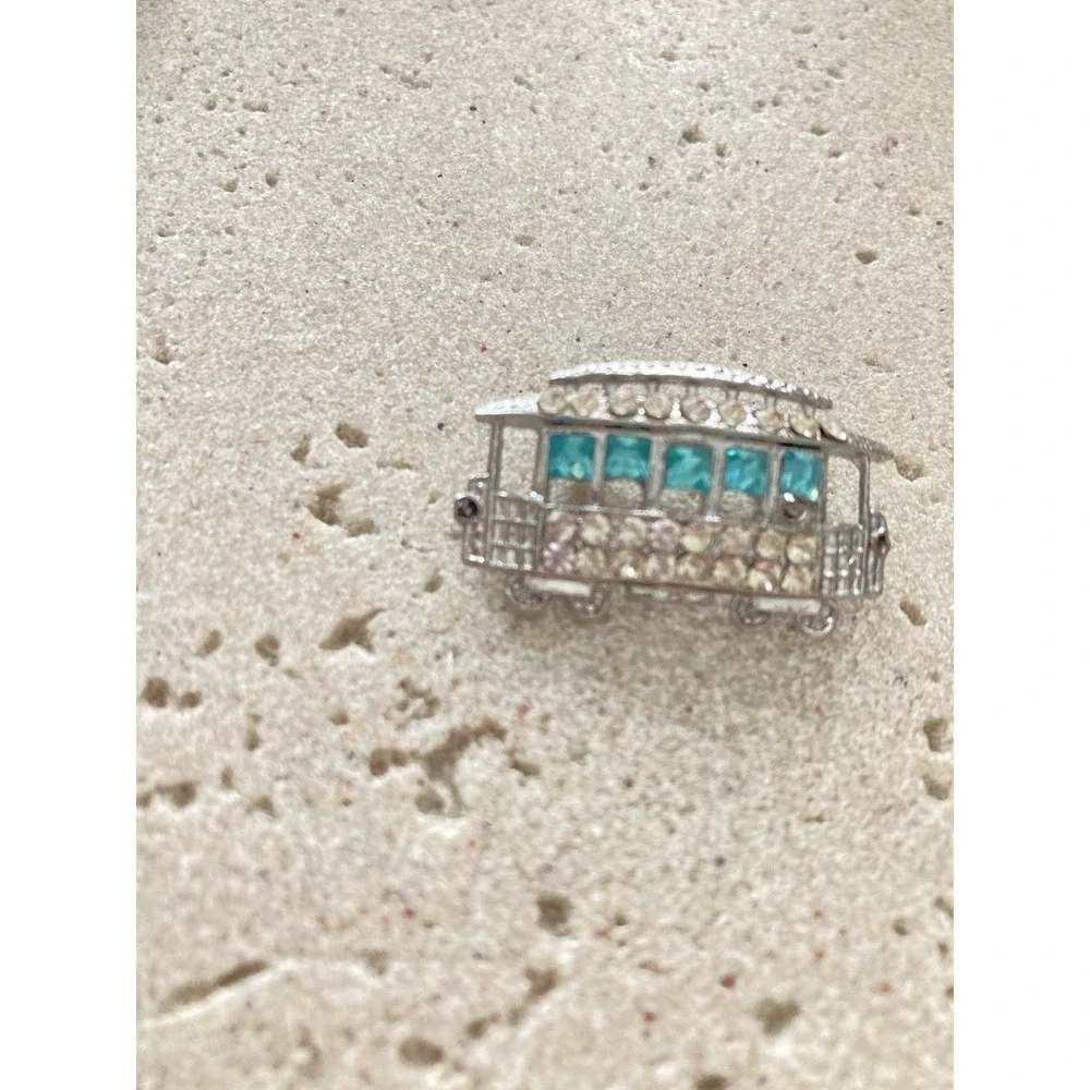 Trolley Cable Car Brooch Rhinestone Streetcar Train Travel Silver Tone Teal Blue